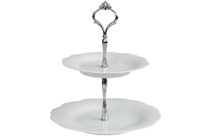 Yaprak Beyaz Platin 2 Katlı Kurabiye Tabağı